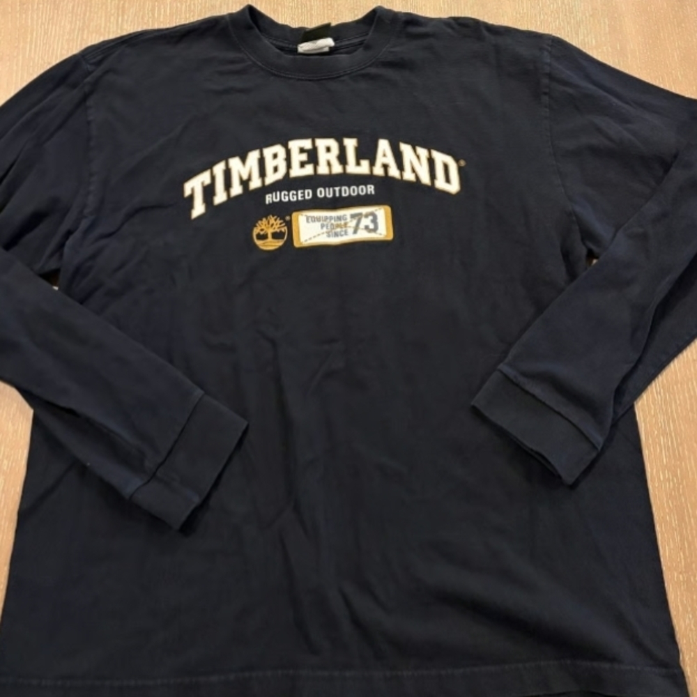 Timberland Navy Long-Sleeve Logo Tee with Cream Accents